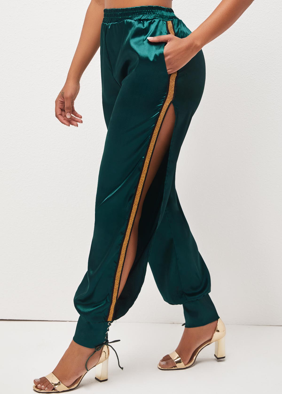 Lace Up Side Slit Dark Green Pants