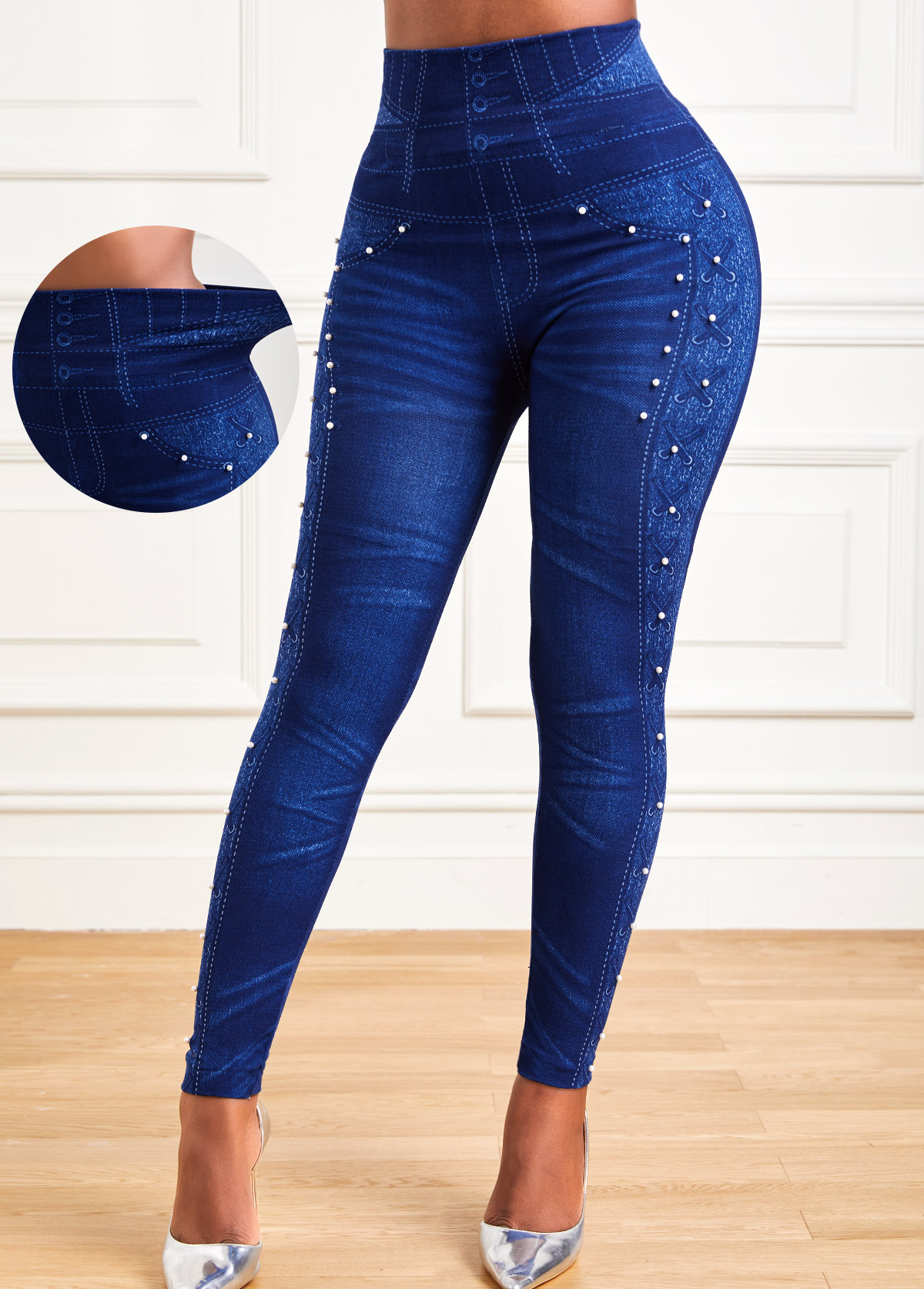 Dark Blue Elastic Waist High Waisted Leggings