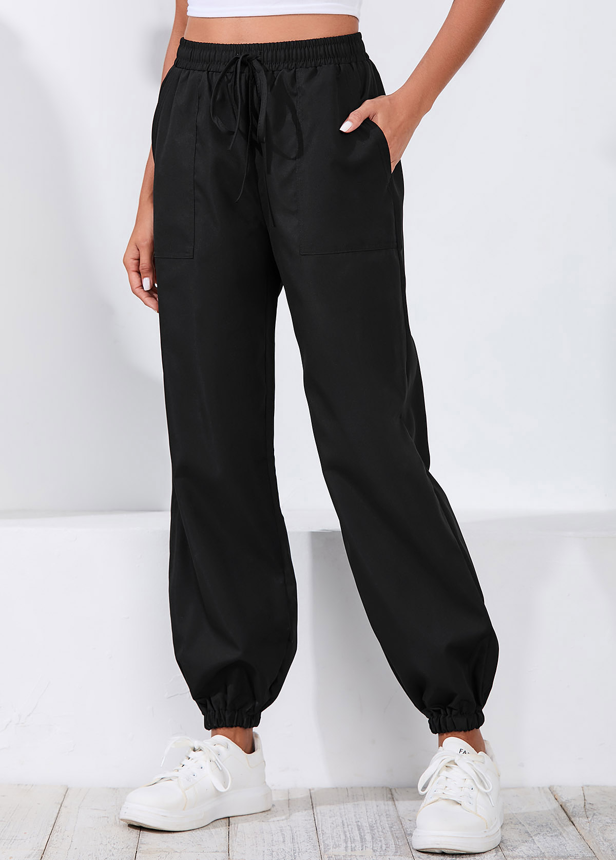 Black Drawstring Waist Double Side Pockets Pants