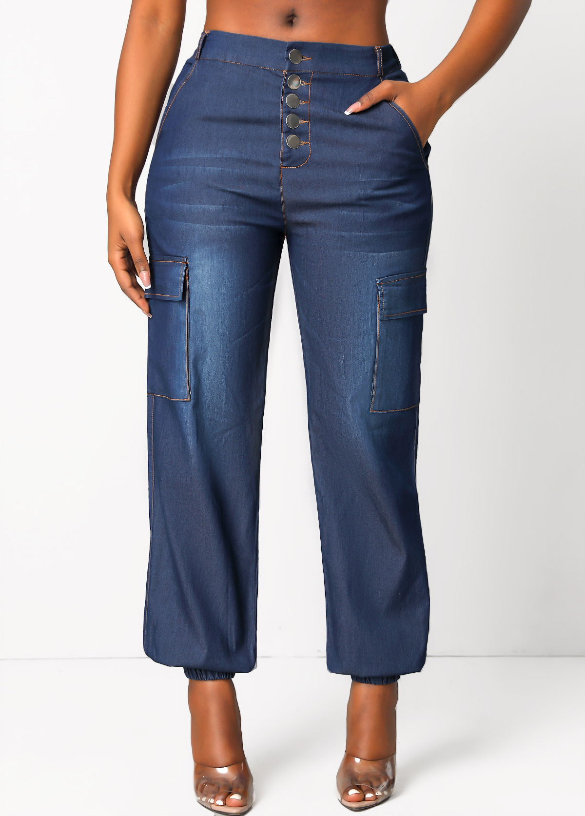 Dark Blue High Waisted Button Jogger Jeans
