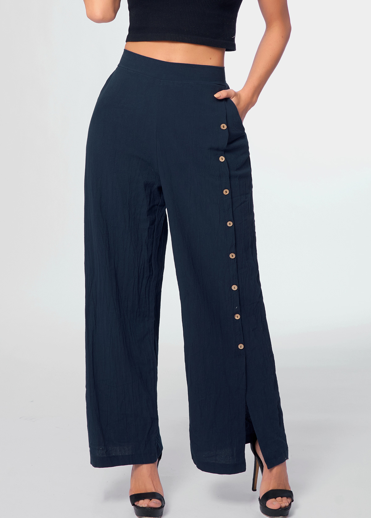 Pocket Button Detail High Waist Pants
