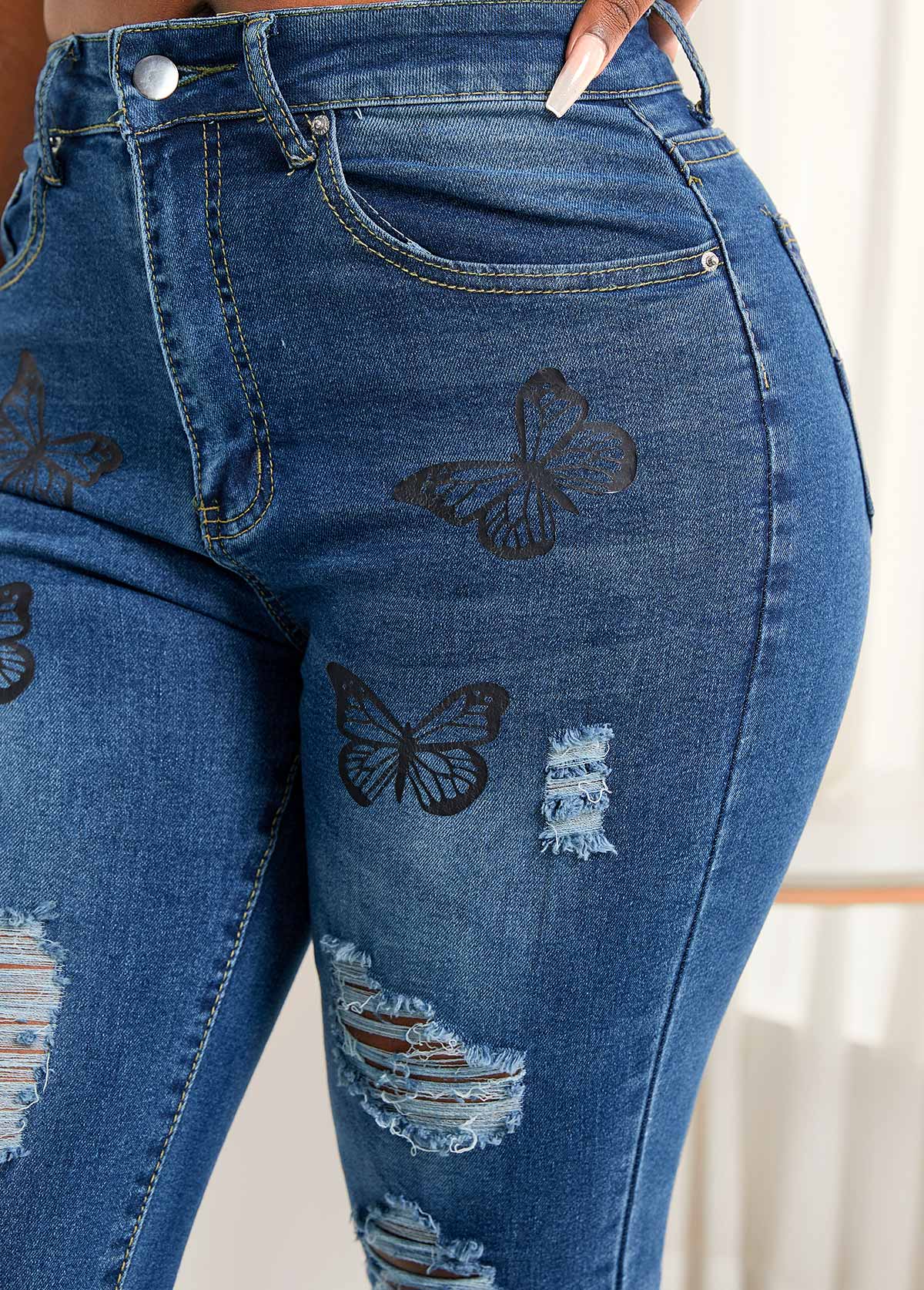 Blue Pocket Shredded Butterfly Print Jeans