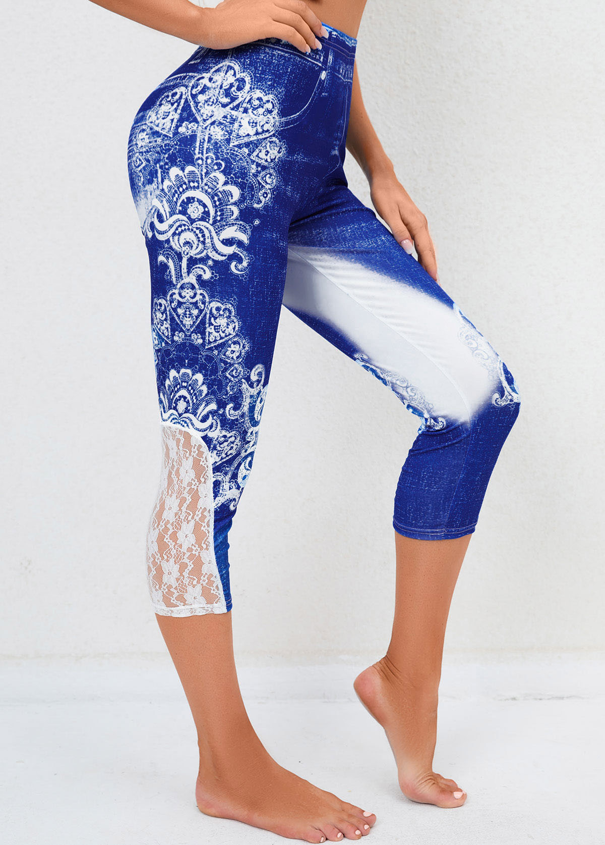Tribal Print Denim Blue Lace Stitching Pants
