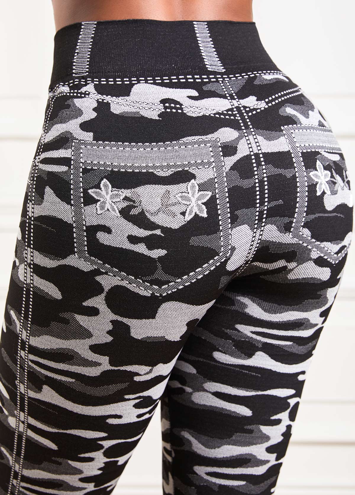 Camouflage Print Grey Elastic Waist High Waisted Leggings