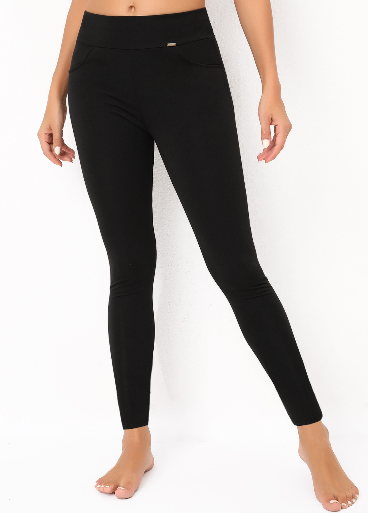 Pocket Elastic Waist Black Mid Waisted Leggings