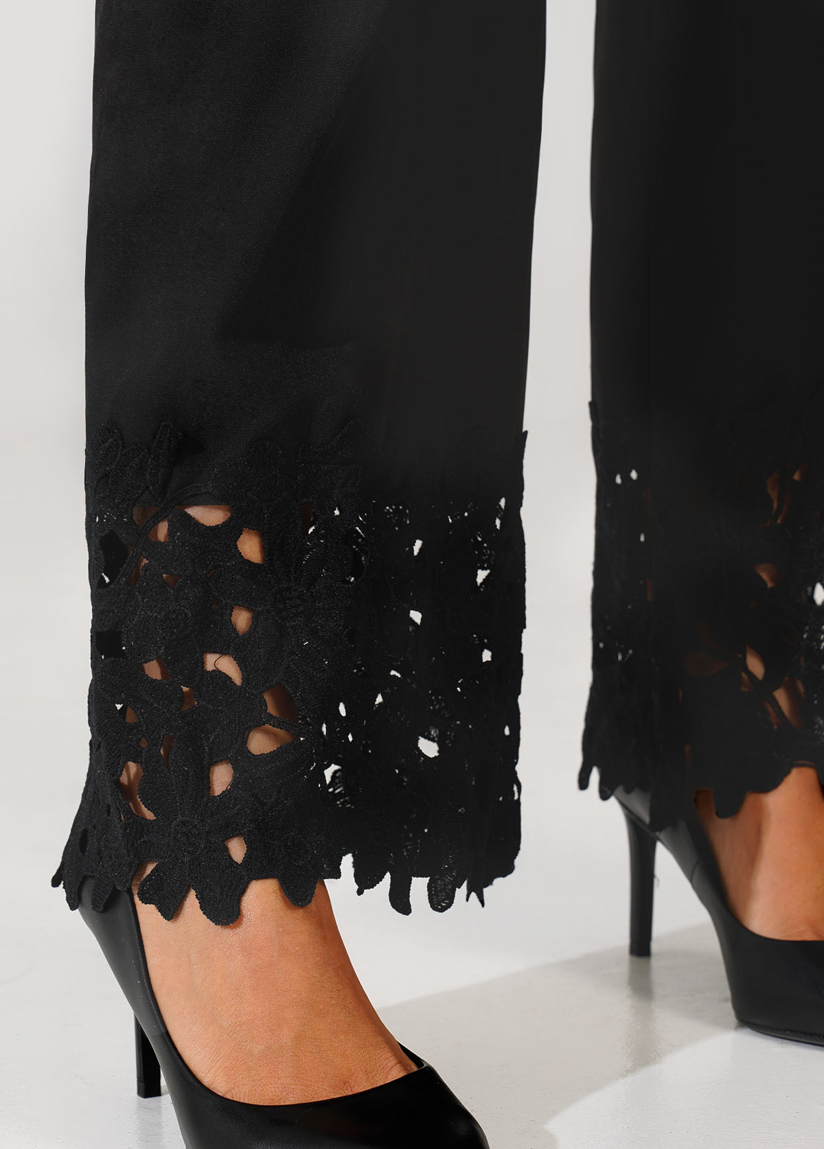 Lace Tape Hem High Waisted Black Pants