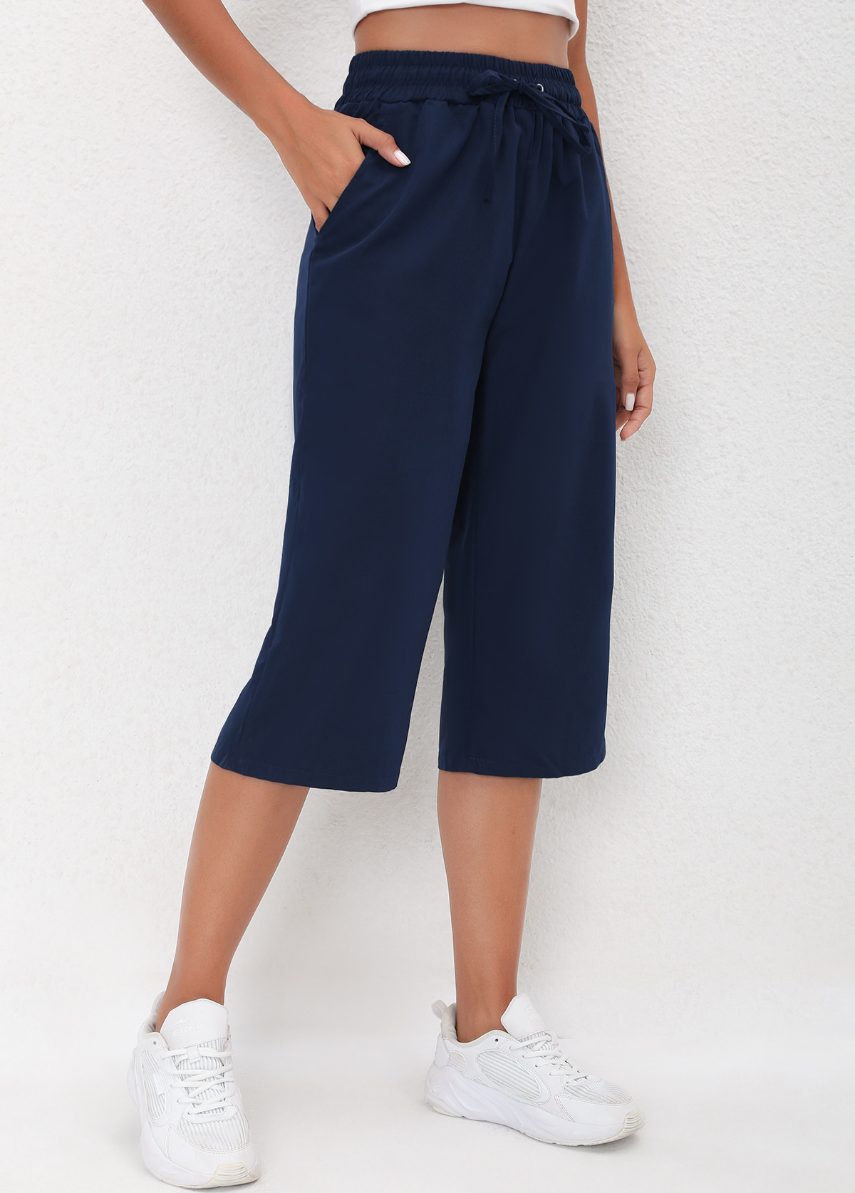 Drawstring High Waisted Navy Blue Pants