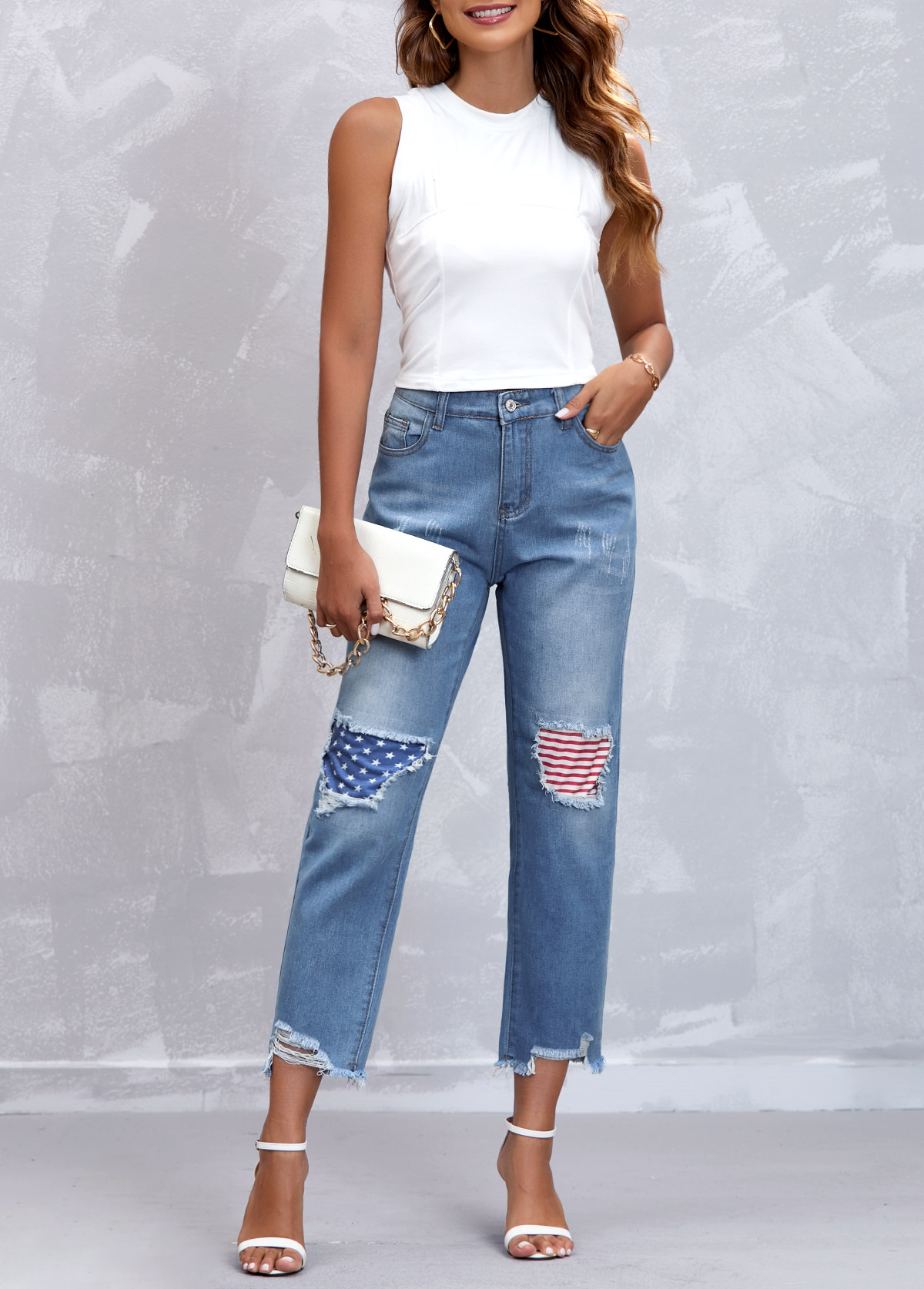 Denim Blue American Flag Print High Waisted Jeans