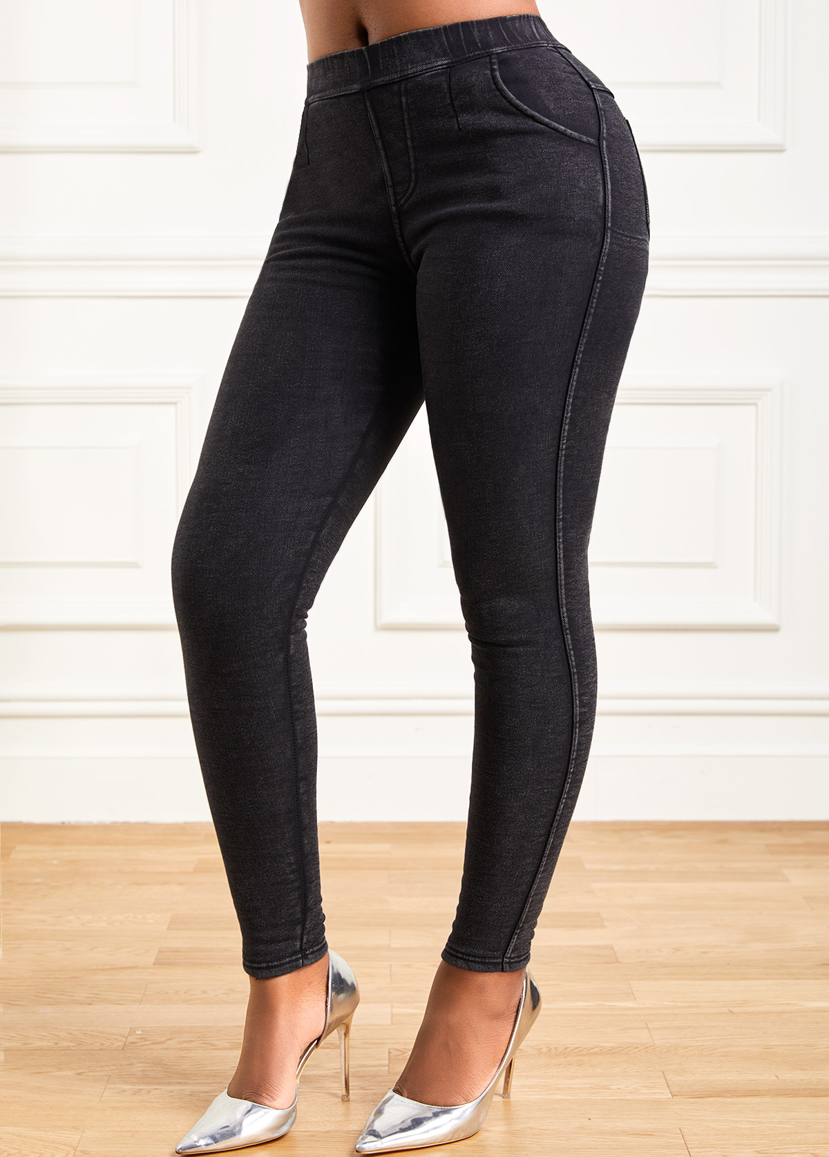 Skinny Elastic Waist Black Pocket Pants