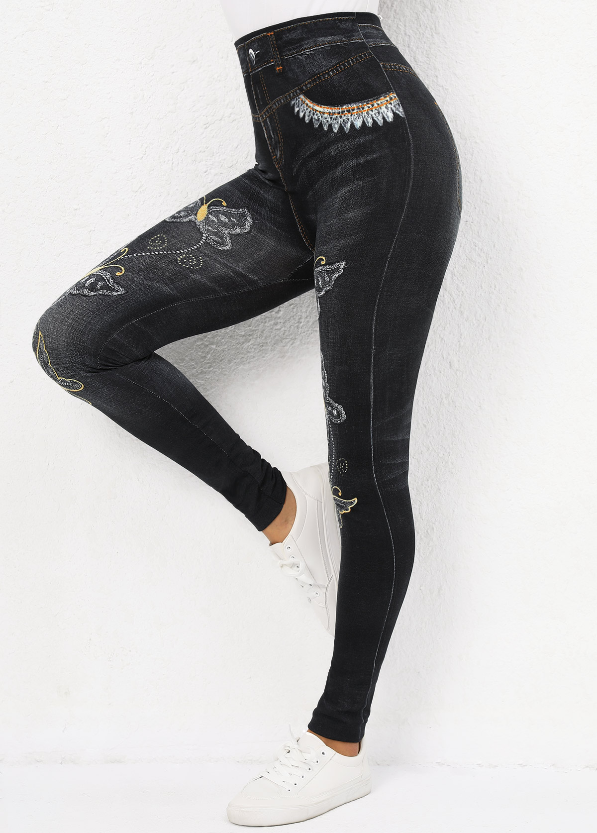 Butterfly Print Black Elastic Waist High Waisted Leggings