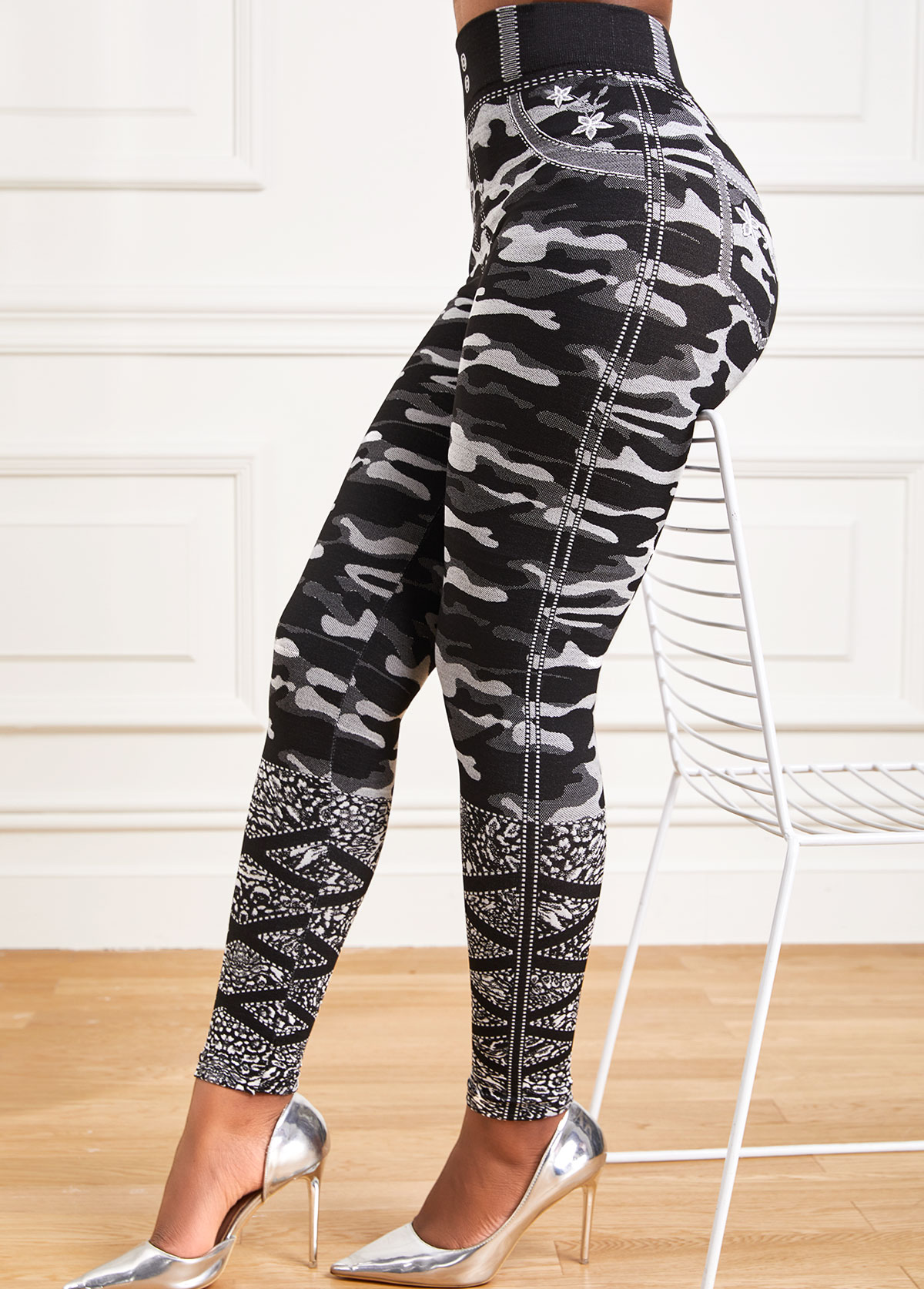 Camouflage Print Grey Elastic Waist High Waisted Leggings