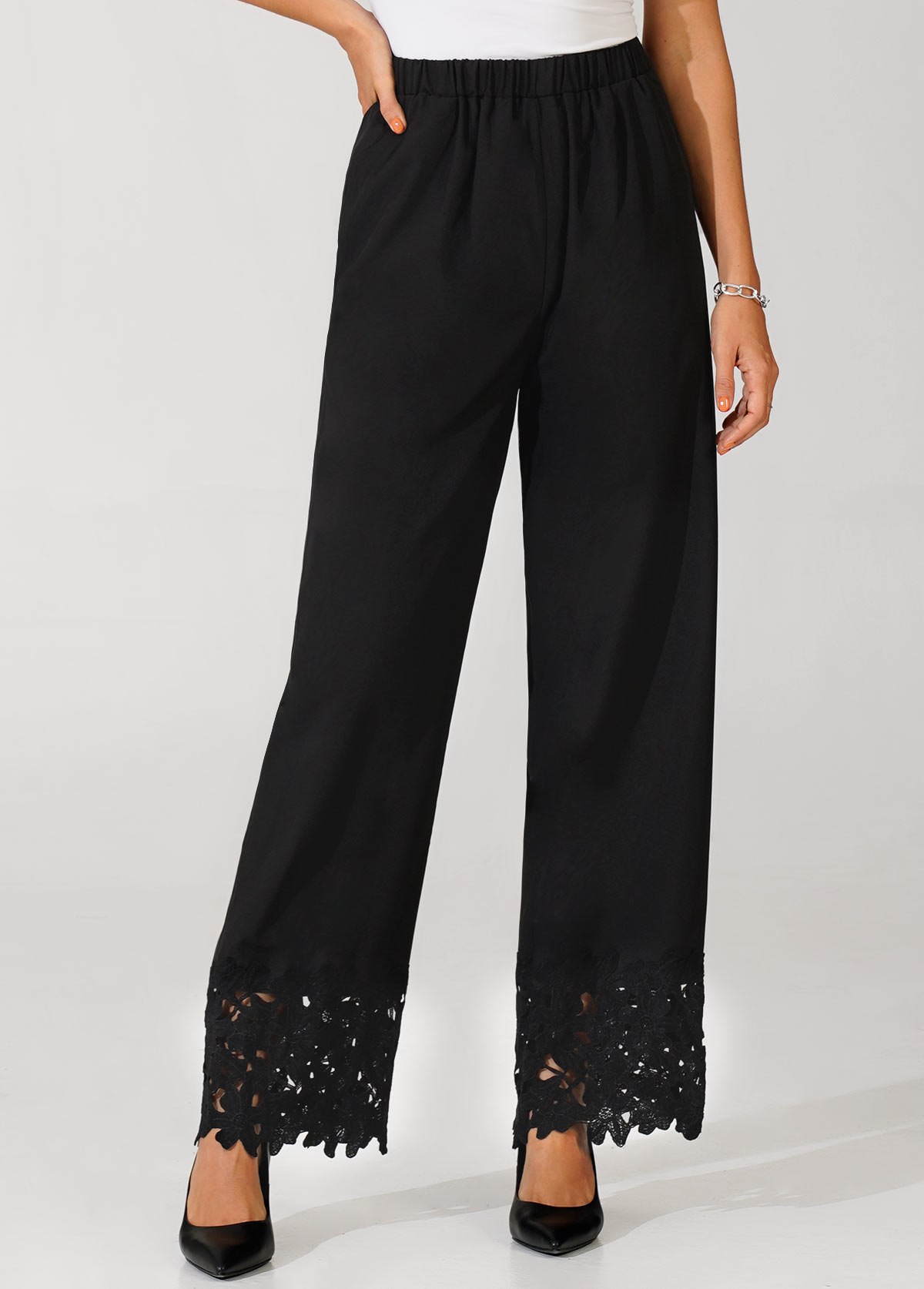 Lace Tape Hem High Waisted Black Pants