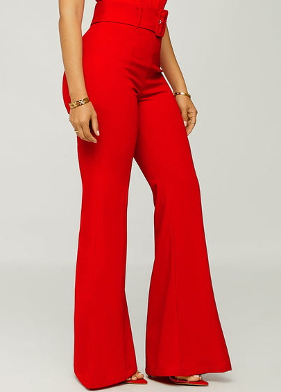 Breathable Belted Red Flare Leg Zipper Fly Pants