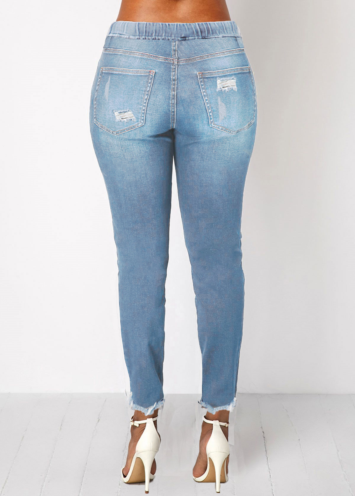 Elastic Waist Pocket Light Blue Shredded Jeans