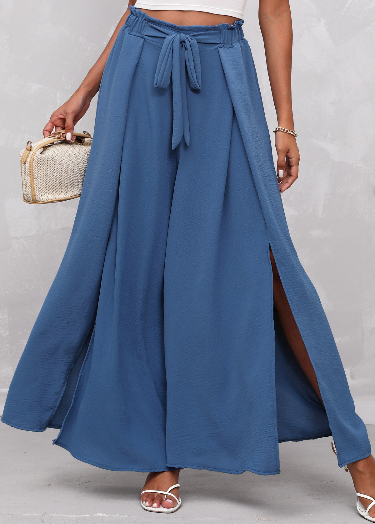 High Waisted Blue Side Slit Tie Front Pants