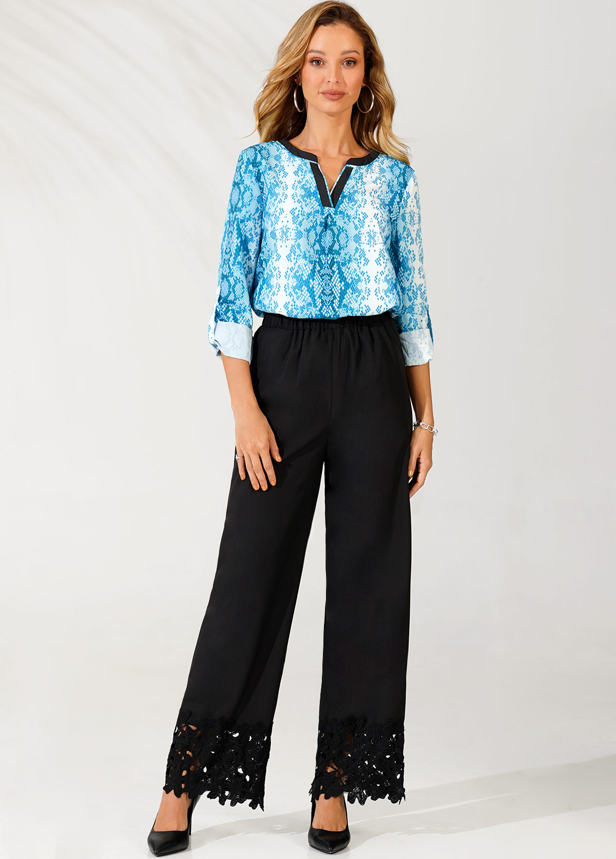 Lace Tape Hem High Waisted Black Pants