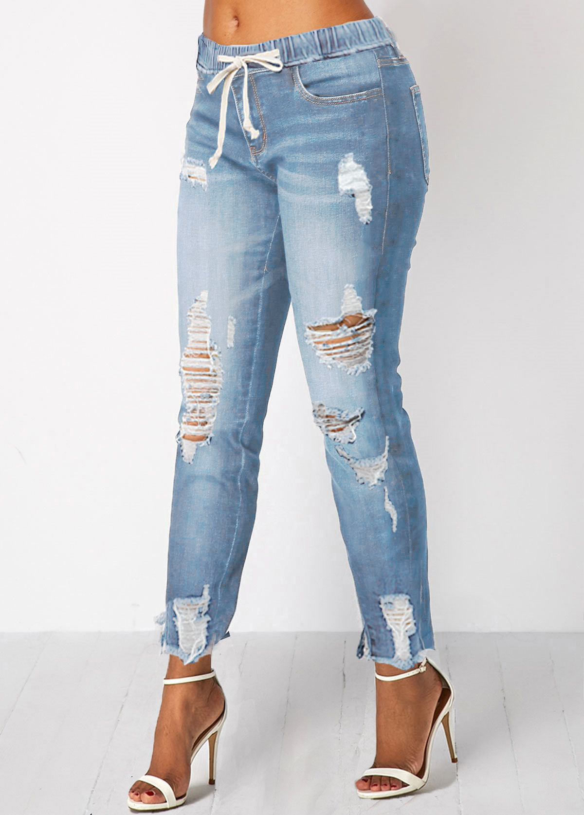 Elastic Waist Pocket Light Blue Shredded Jeans