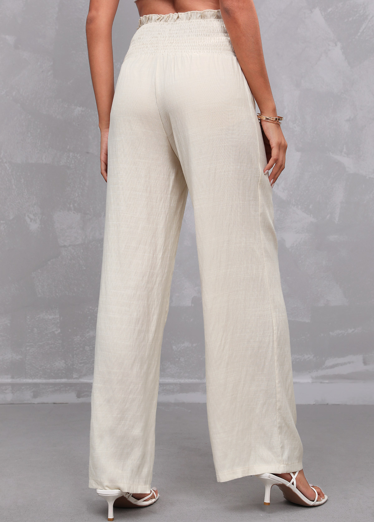 Smocked Stringy Selvedge Decorative Button Beige Pants