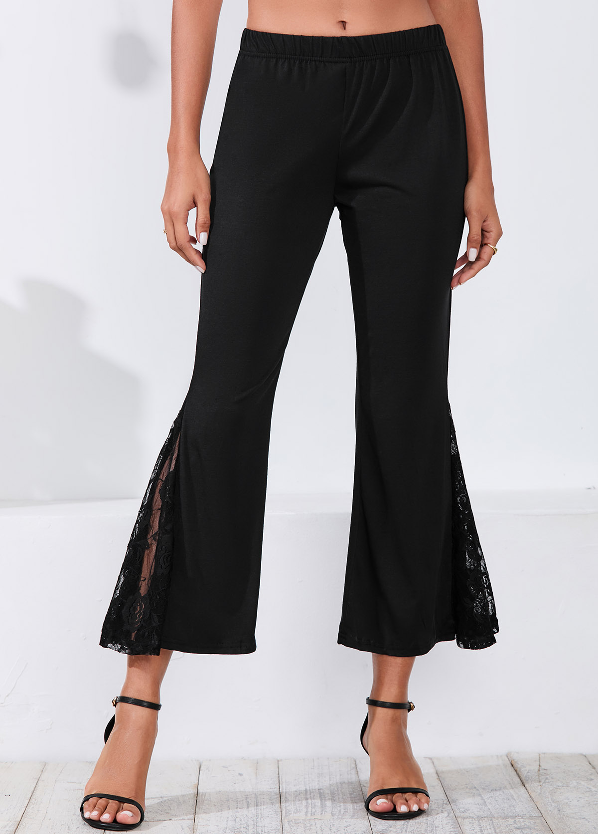 Lace Stitching Black Mid Waist Flare Pants