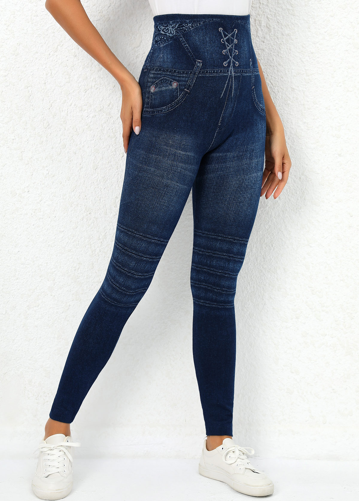 Navy Elastic Waist High Waisted Leggings