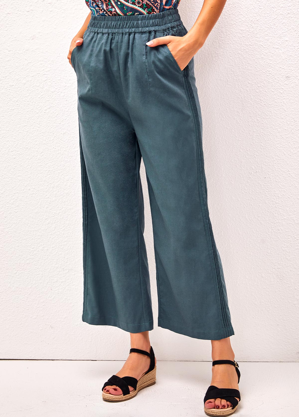 Peacock Blue Pockets High Waisted Pants