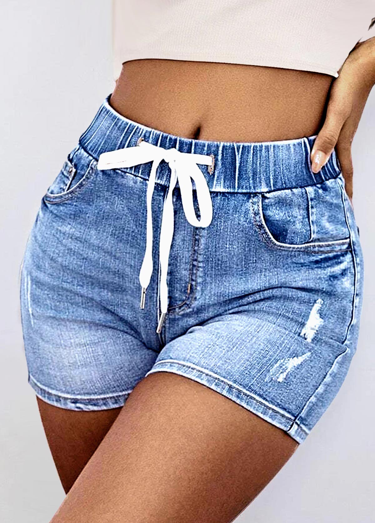 Denim Blue Pocket Drawstring Waist Shorts