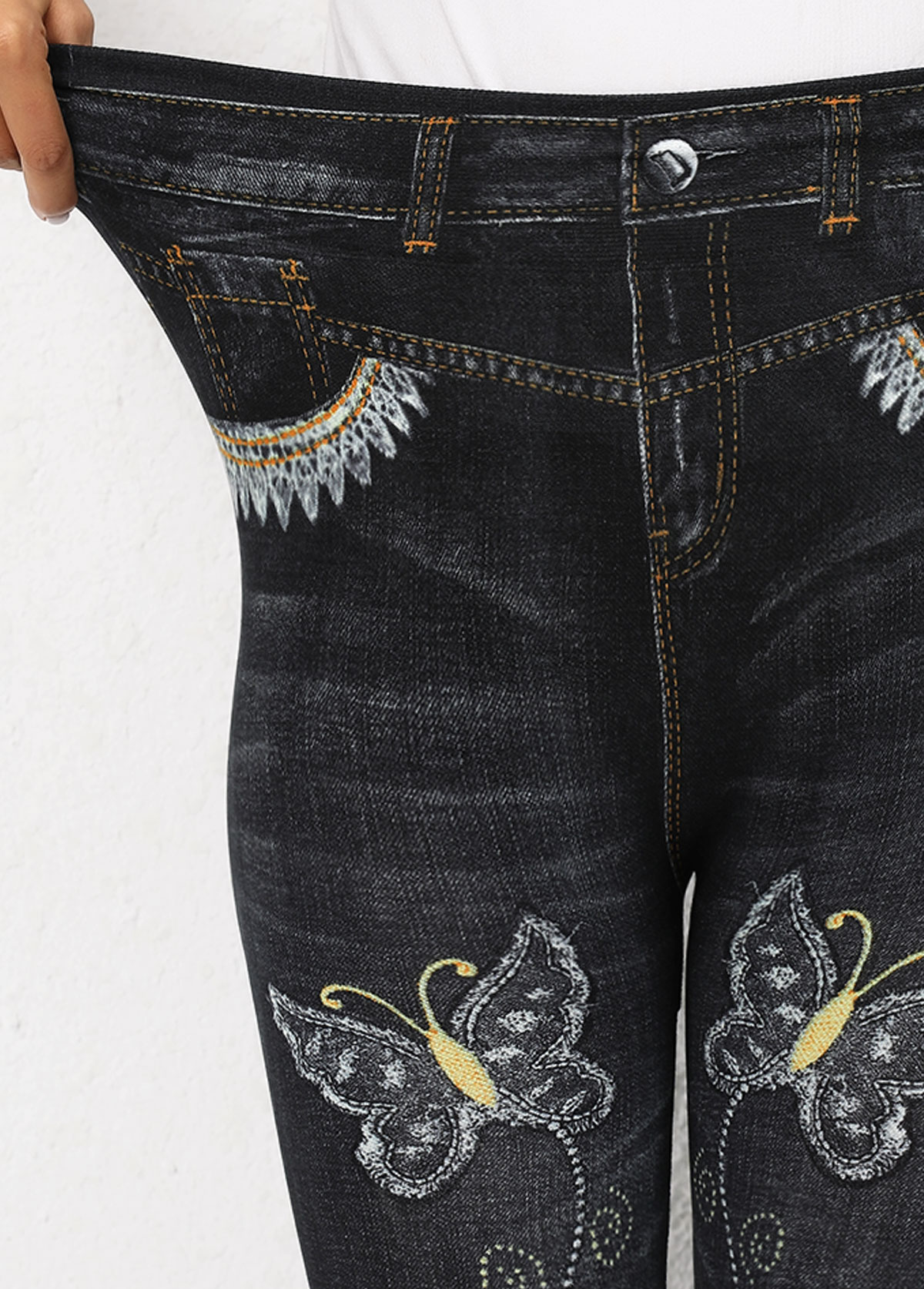 Butterfly Print Black Elastic Waist High Waisted Leggings