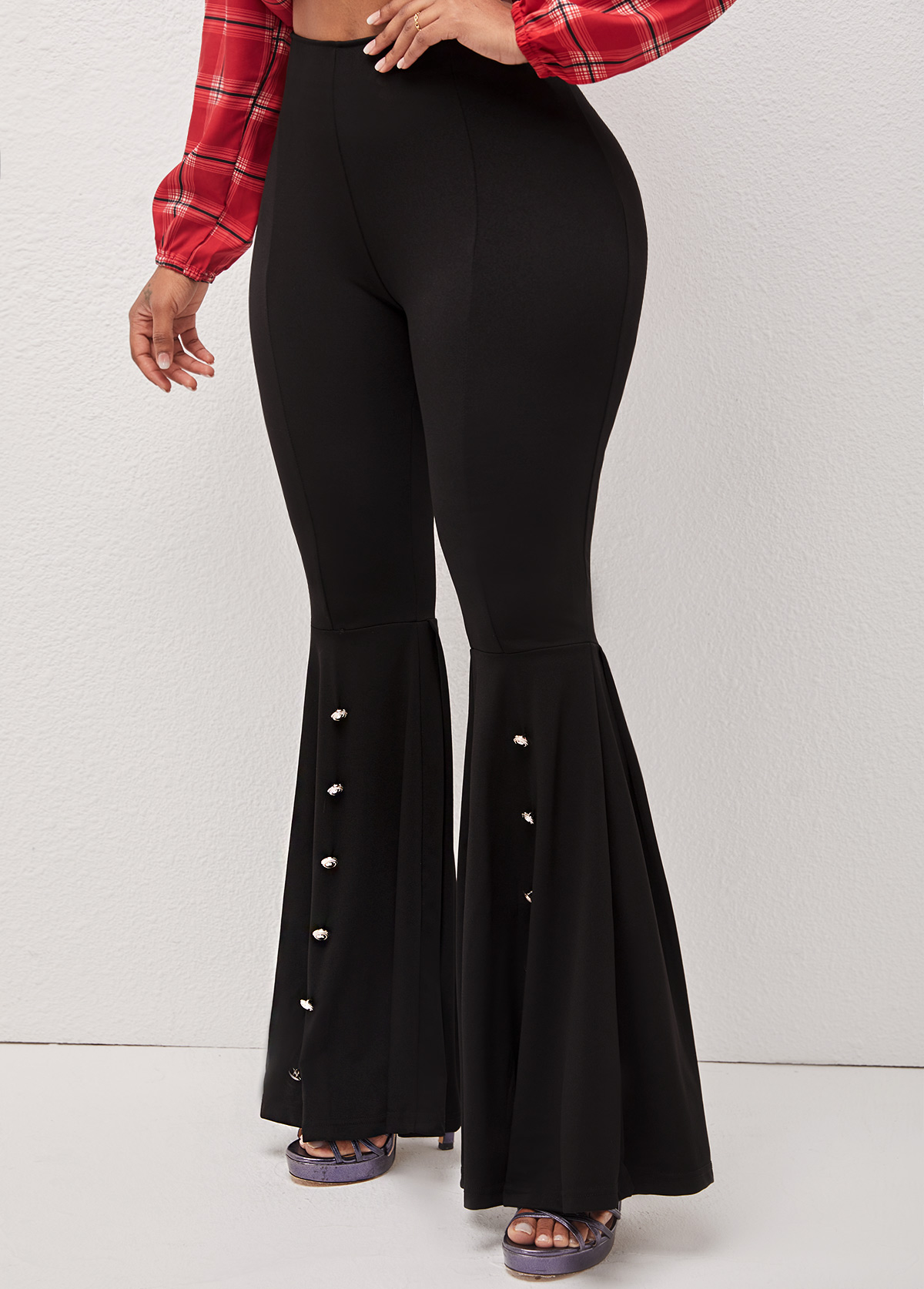 High Waisted Decorative Button Black Flare Pants