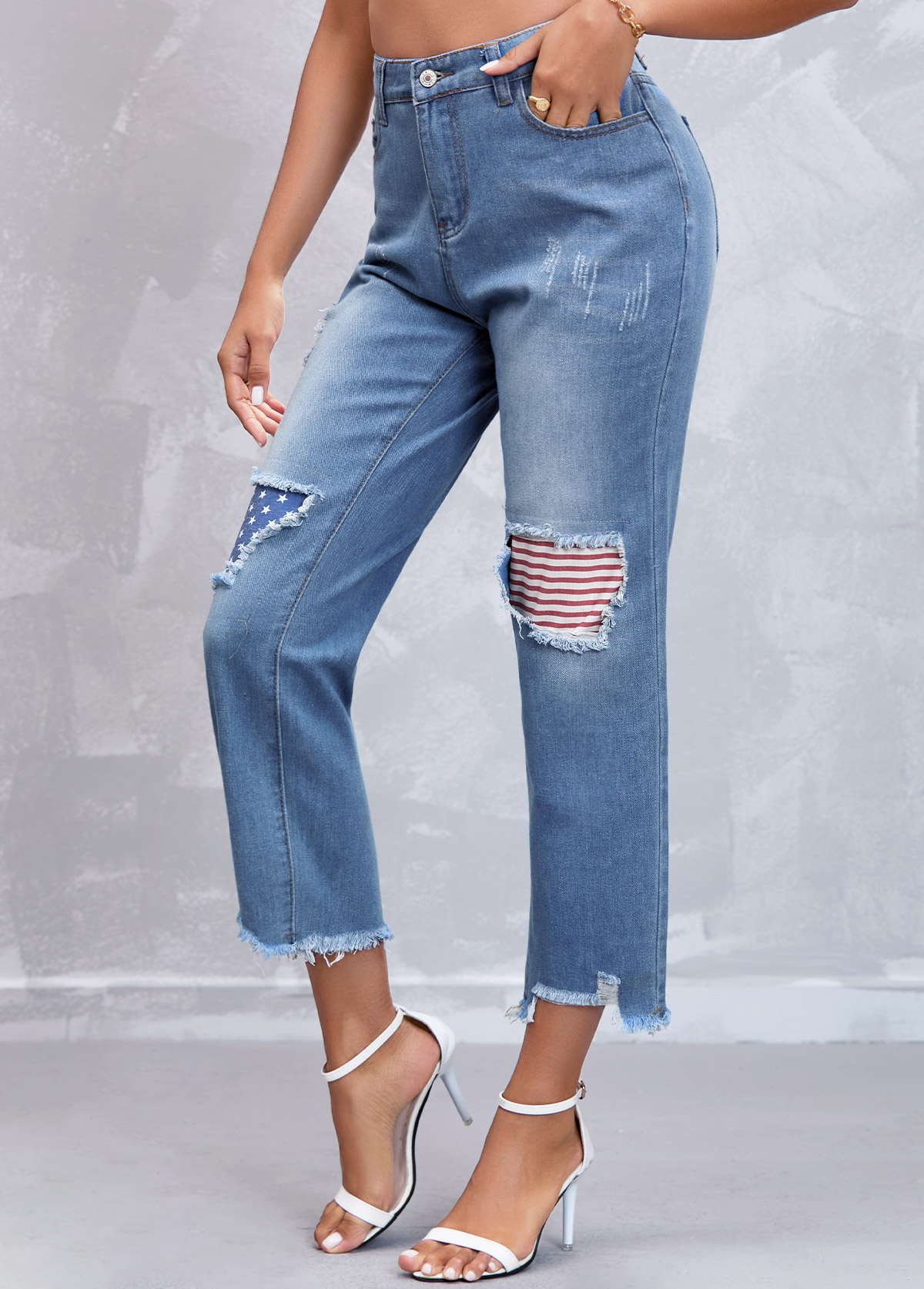 Denim Blue American Flag Print High Waisted Jeans