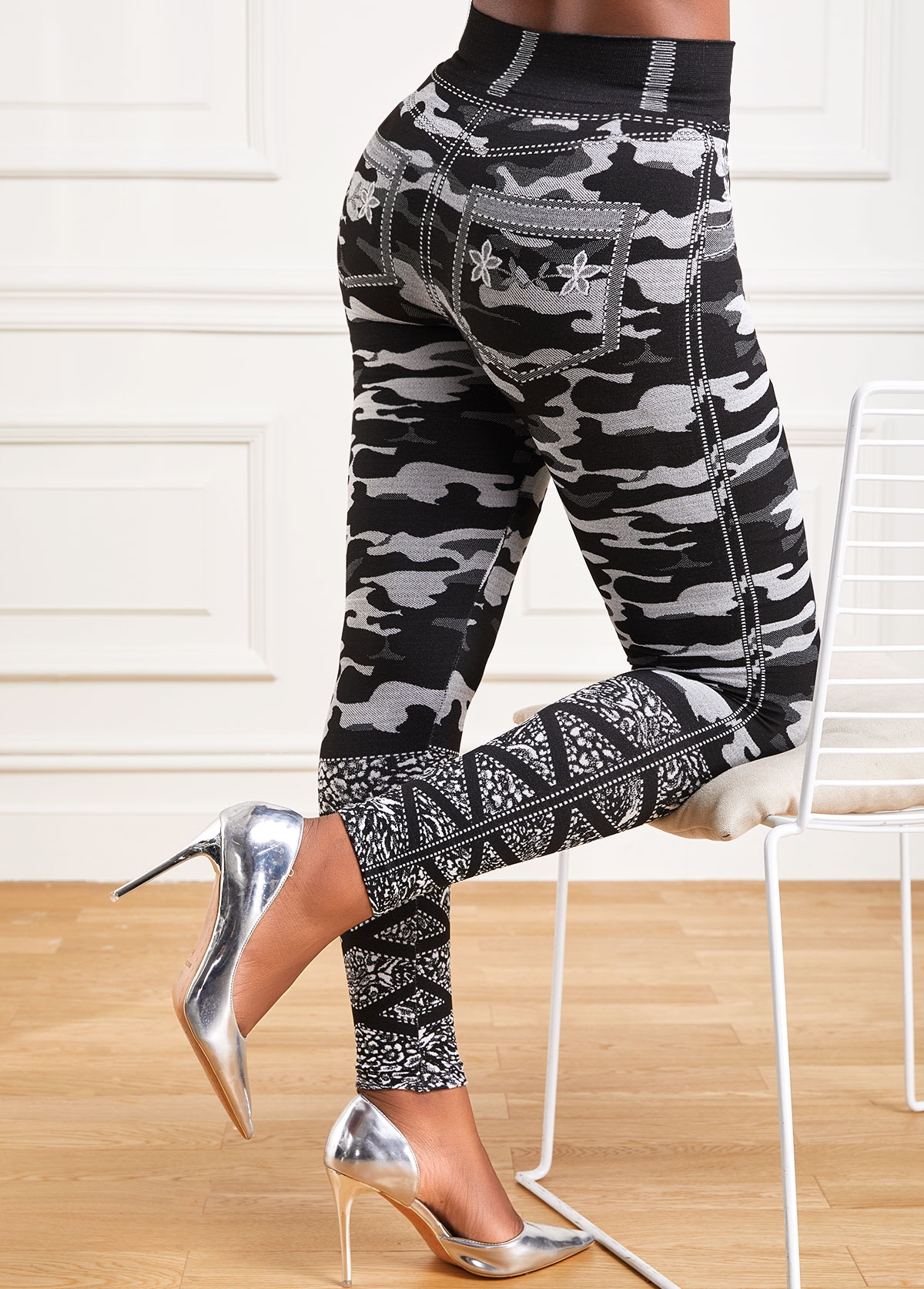 Camouflage Print Grey Elastic Waist High Waisted Leggings