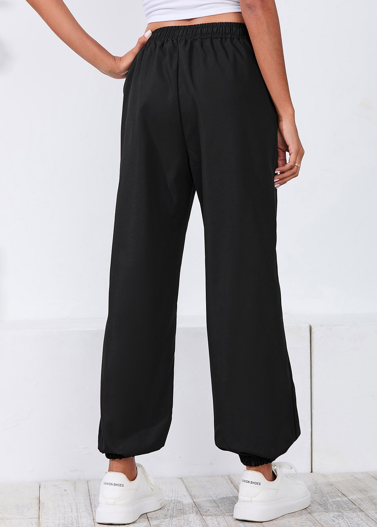 Black Drawstring Waist Double Side Pockets Pants