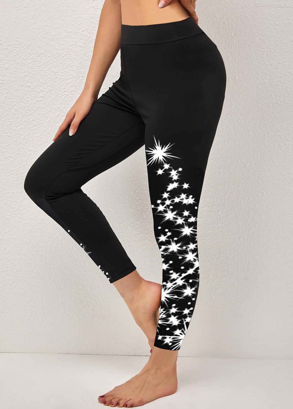 Christmas Tree Print Black Elastic Waist Leggings